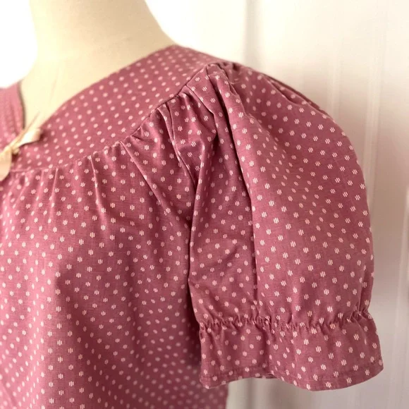 Vintage Pink Polka Dot Peasant Blouse Large Bow Detail Puff Sleeves 100% Cotton - Picture 3 of 9